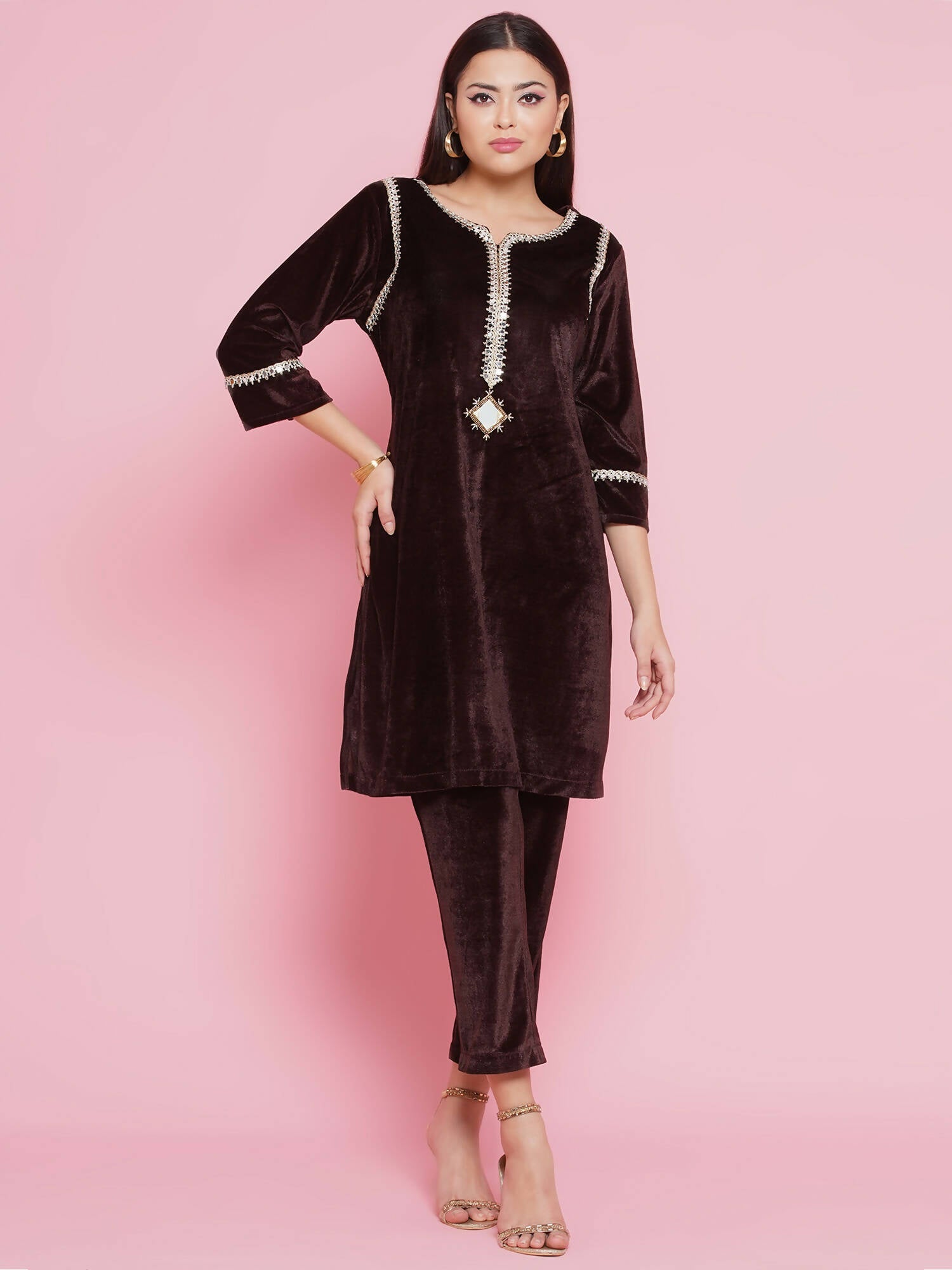 Women Republic Brown Velvet Embellished Co-Ord Set