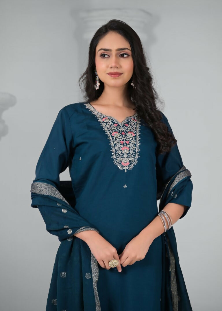 Ethnic Festive Wear Chanderi Rama Stitched Suit With Dupatta - Tanisha