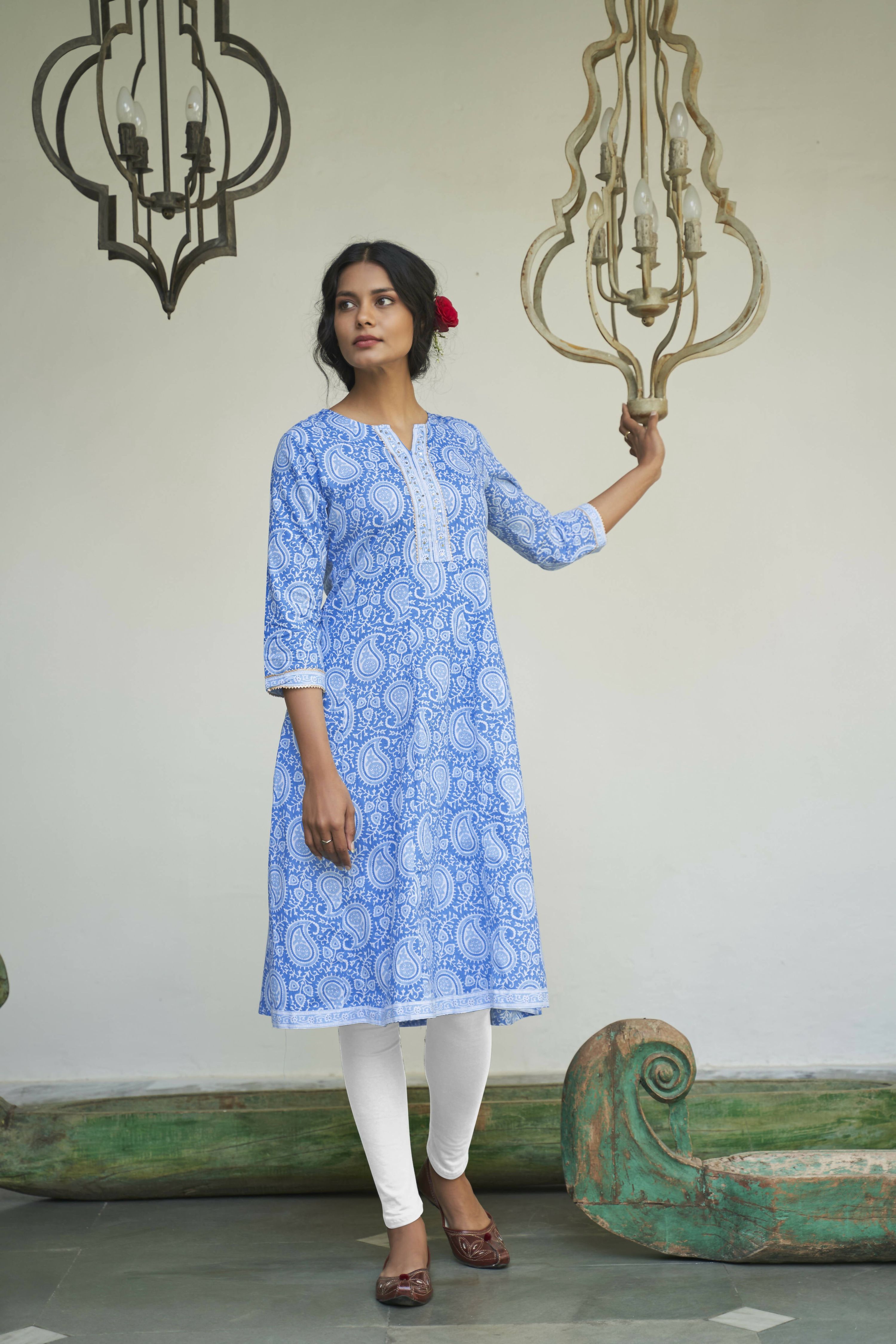 Blue Cotton Paisley Printed A line Kurta - Prasuti