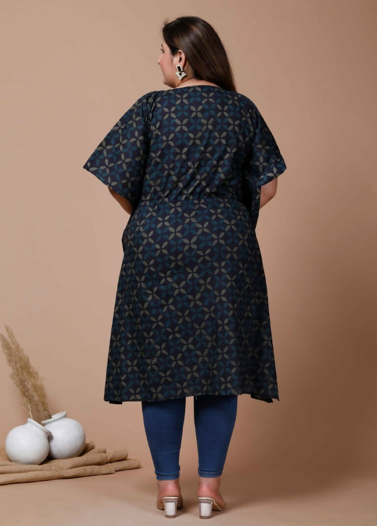 Miravan Women's Plus Size Navy Blue Printed Flared Sleeves Kaftan