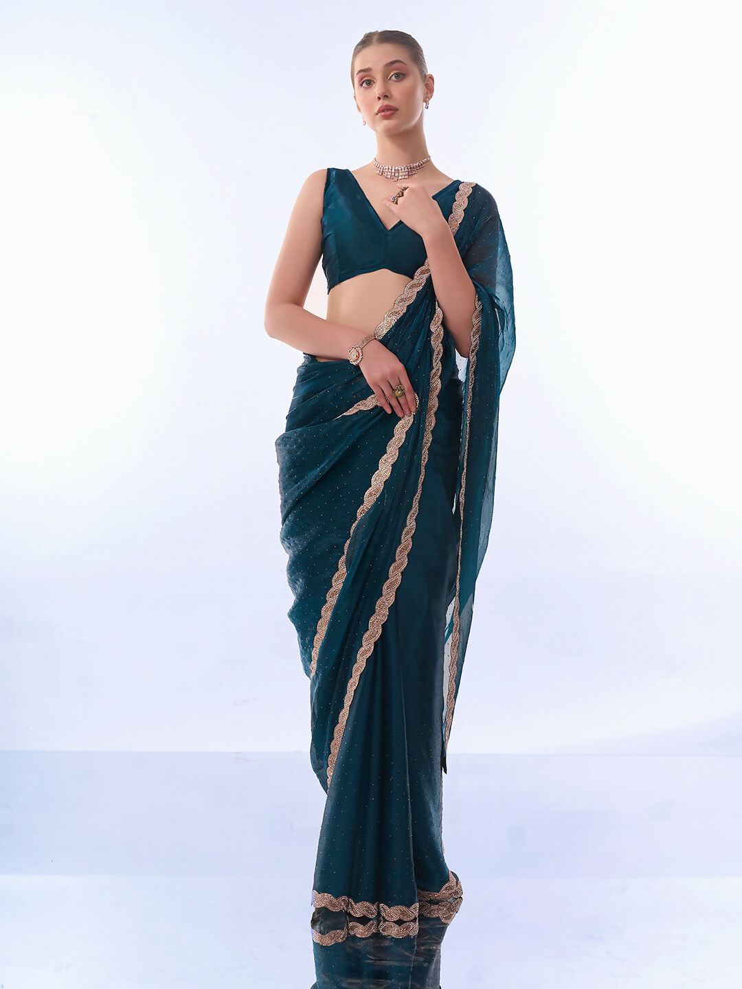 Teal Blue Burburry Designer Work Lace Border & Swarovski Work Saree - Orchid