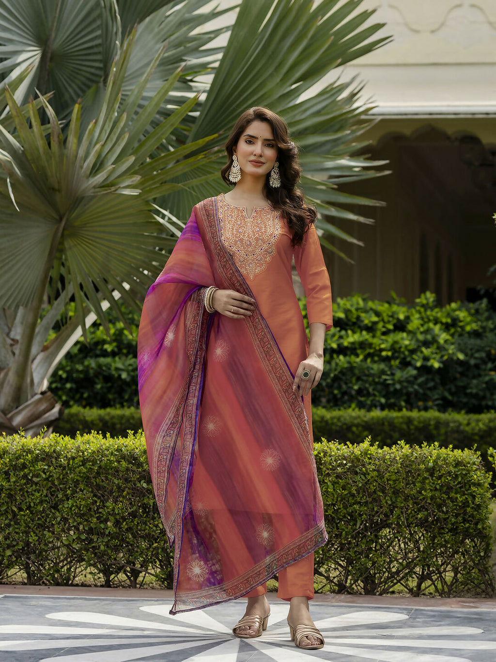 The52 Orange Women's Gorgeous Embroidered Rayon Fabric with Straight Kurta, Pant and Dupatta Set