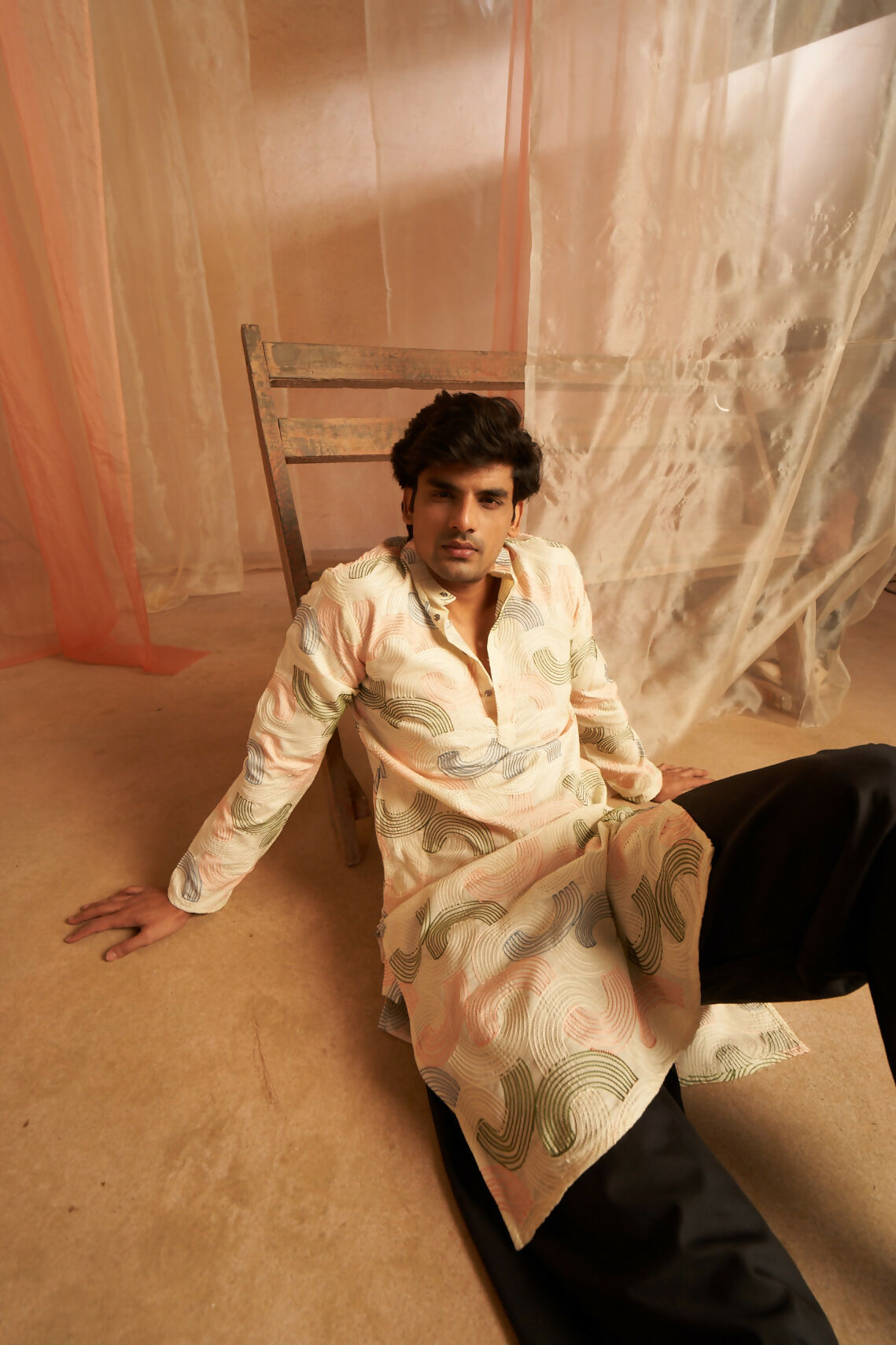 Cream Linen Designer Embroidery Work Men's Kurta Set - Mahotsav