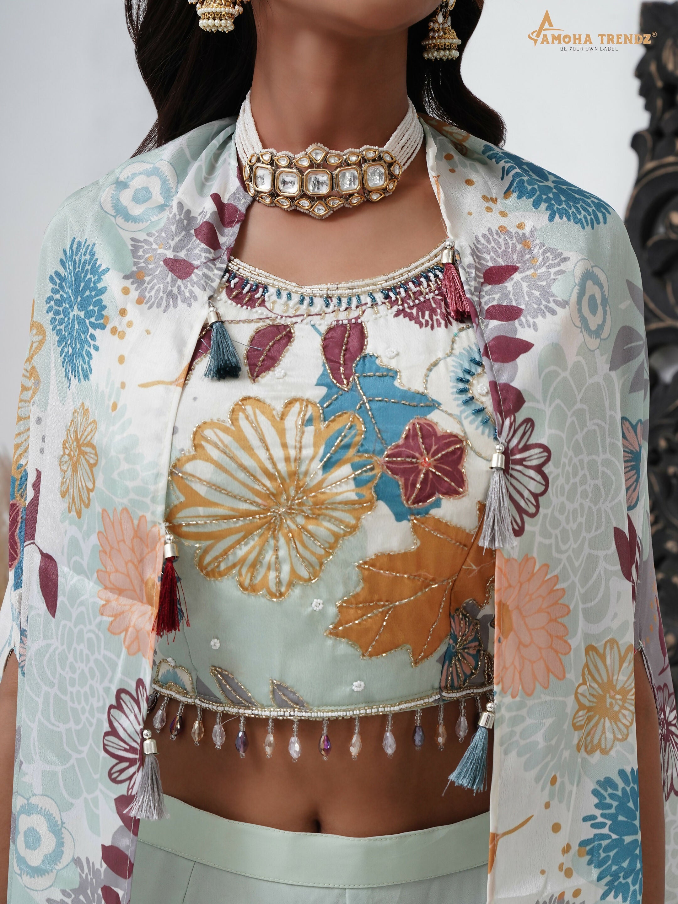 Sea Green Digital Chinon Handwork Top with Palazzo & Shrug - Naomika