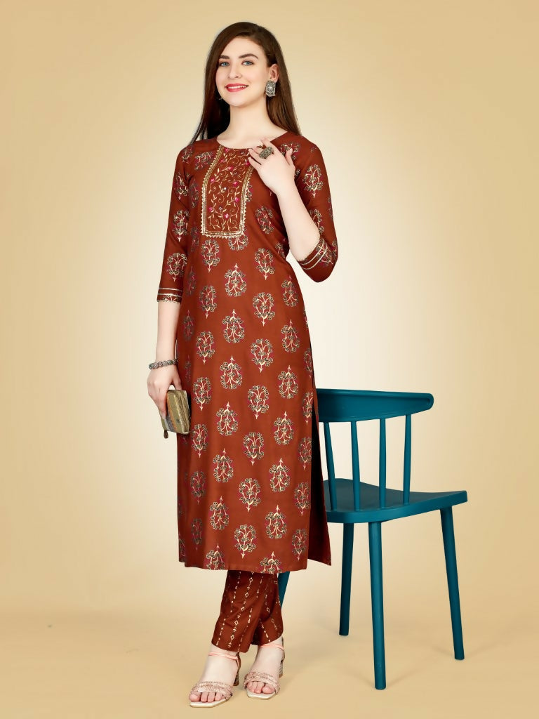 Jyoti Fashion Women's Rust Viscose Rayon Embroidered Kurta Pant Set