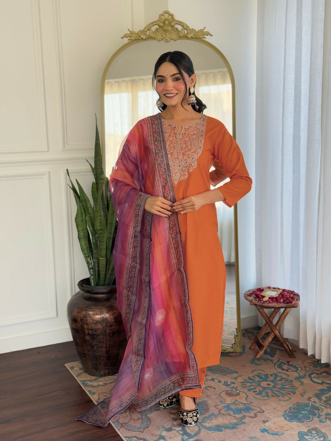 The52 Orange Women's Gorgeous Embroidered Rayon Fabric with Straight Kurta, Pant and Dupatta Set