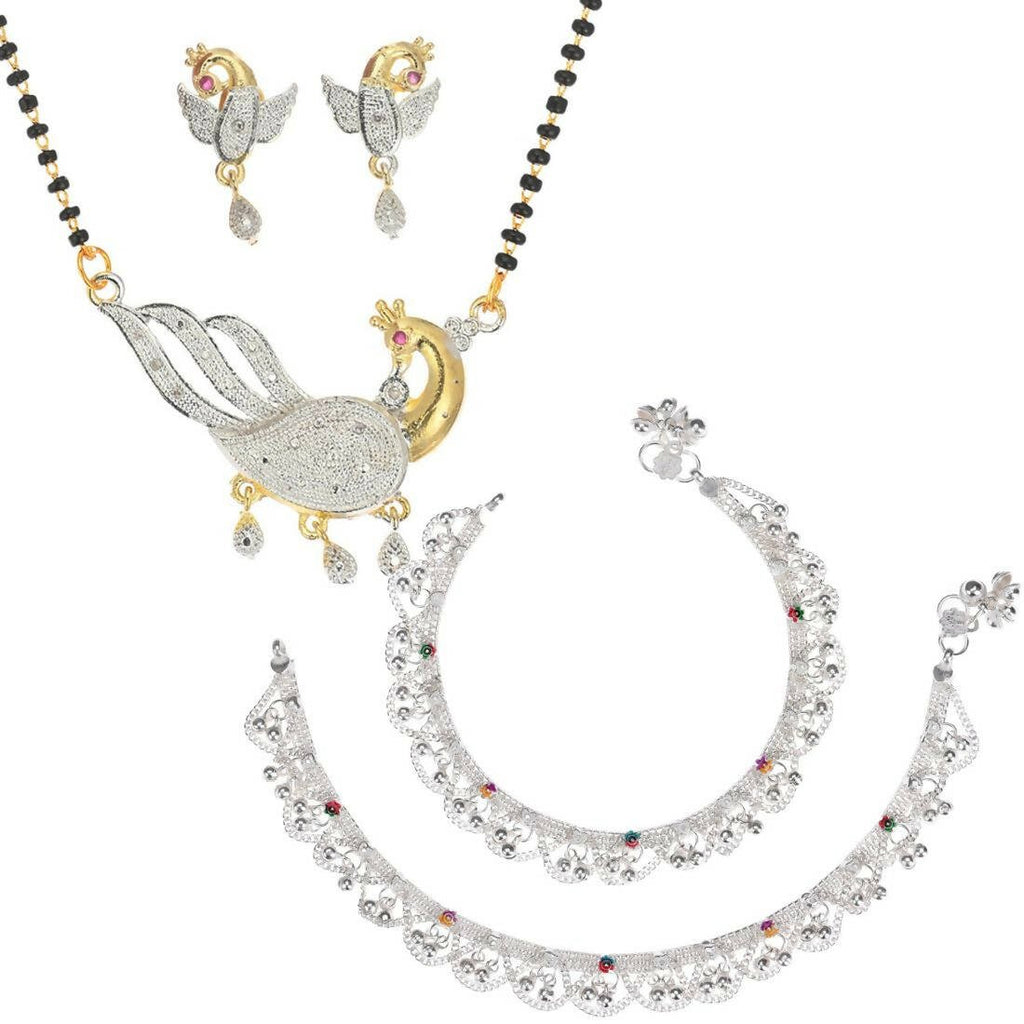 AanyaCentric Gold-Polished Mangalsutra Pendant Earring Set & Silver Plated Anklet