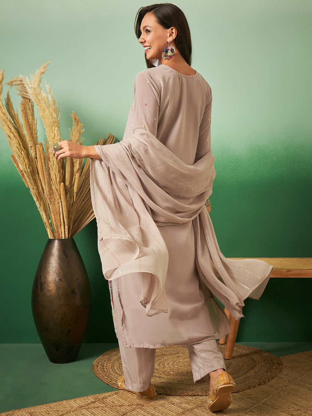 Light Brown Georgette Handwork Unstitched Dress Material - Hanika