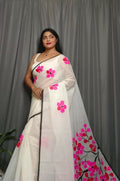 Exclusive Collection Beautiful White Pink Pure Cotton Hand Print Handloom Saree With Running Blouse Piece