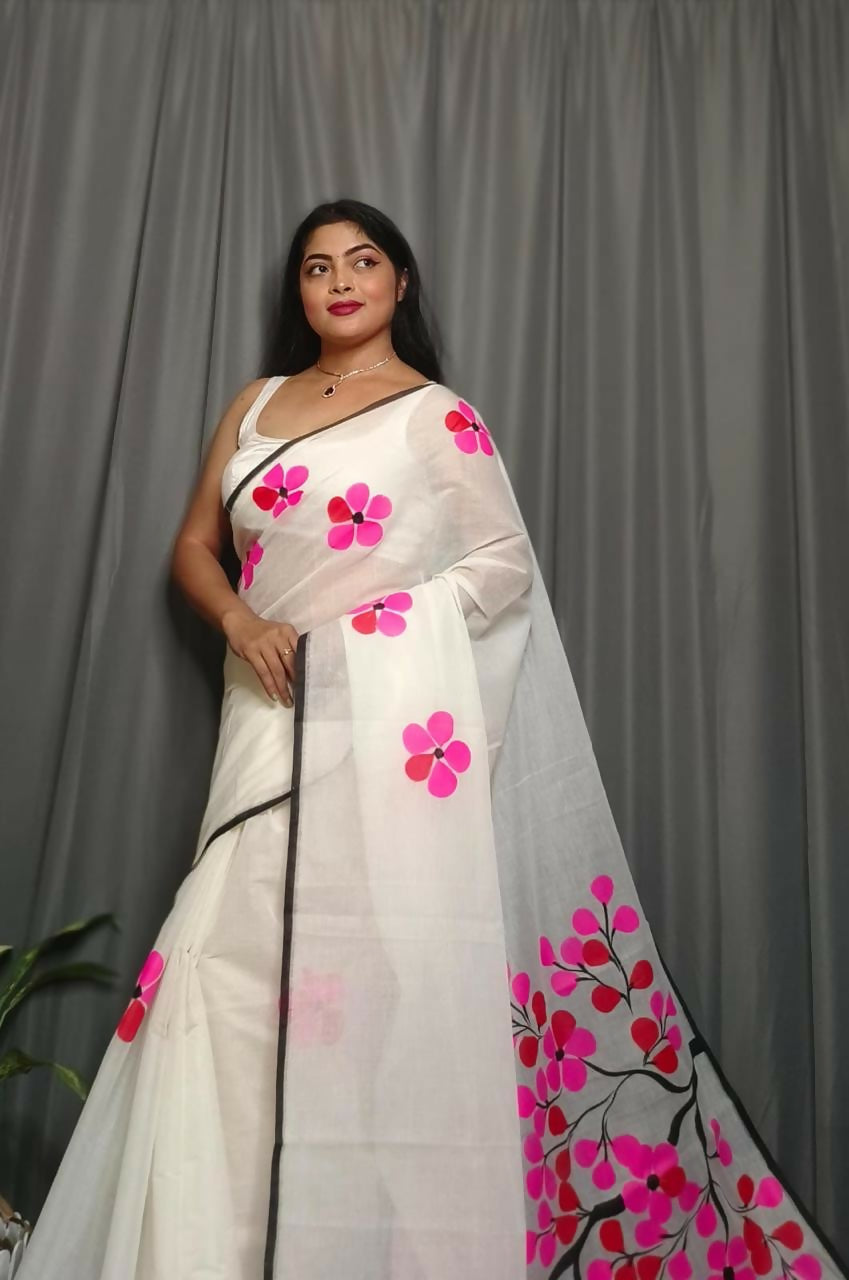 Exclusive Collection Beautiful White Pink Pure Cotton Hand Print Handloom Saree With Running Blouse Piece