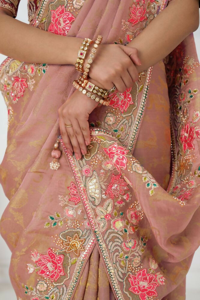 Kesar Fab Pretty Peach: Multicolor Embroidery With Blooming Floral Designs Saree