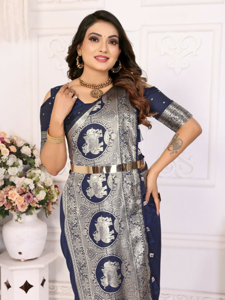 Anaita Navy Blue Banarasi Silk With Beautiful Gala Weaving Saree With Blouse