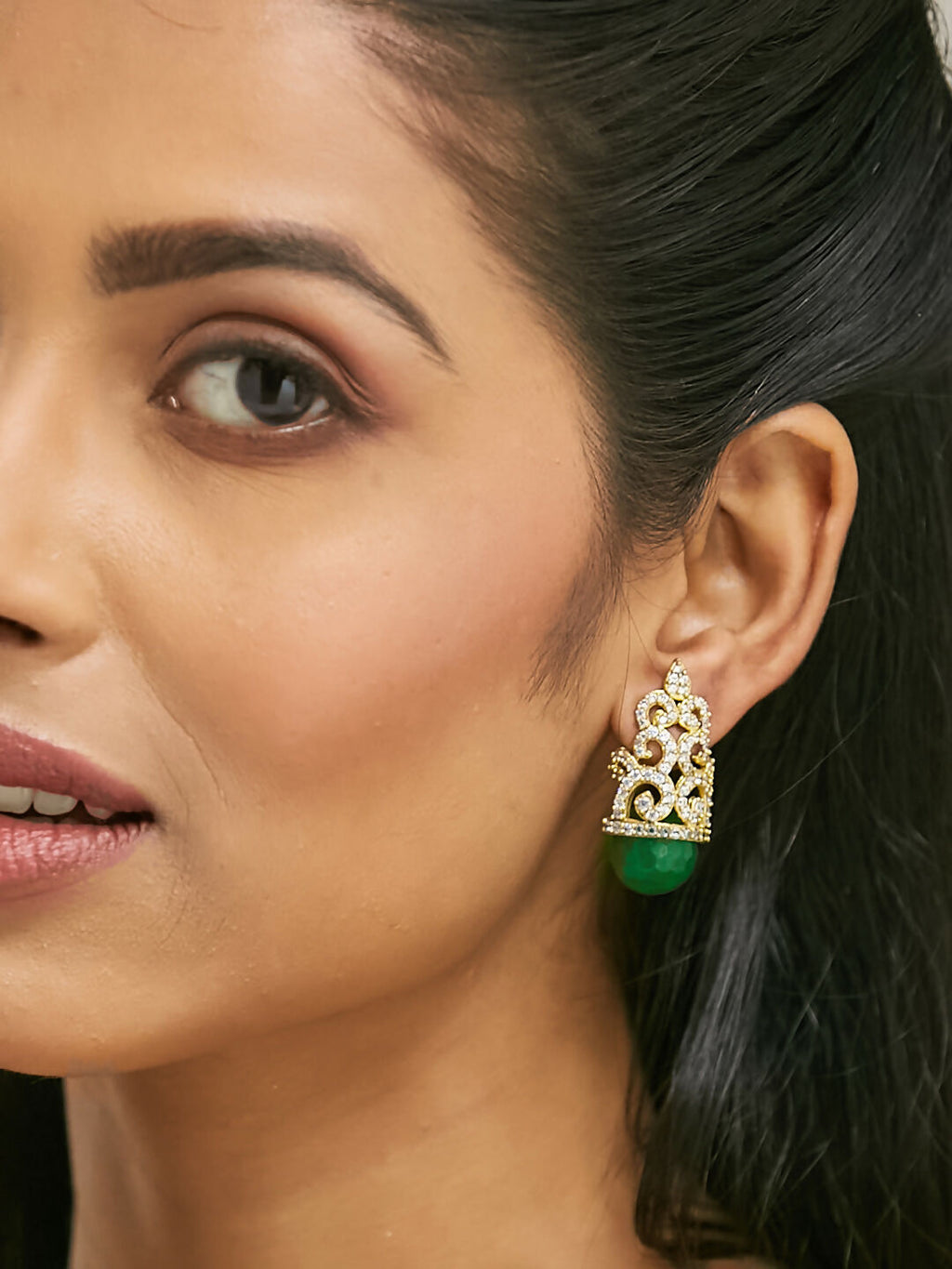 Nuyug 22K Gold-Plated Green Gemstone & Zircon Studded Contemporary Filigree Motif Studs