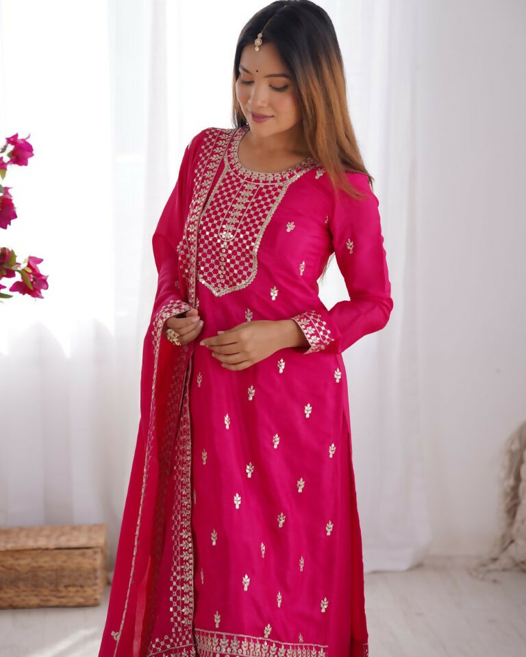 Teeya Creation Pink Color Pure Chinnon Silk Embroidery Work Functional Wear Salwar Suit