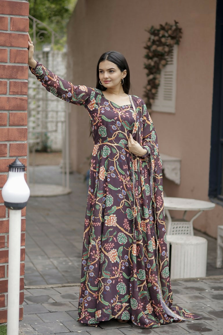 Jyoti Fashion Women's Coffee Faux Georgette Floral Digital Printed Anarkali Dress with Dupatta