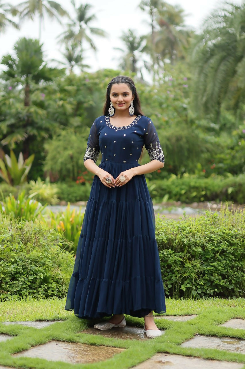 Vastranavya Premium Designer Faux Blooming with Embroidery Zari Sequins work Gown - Navy Blue