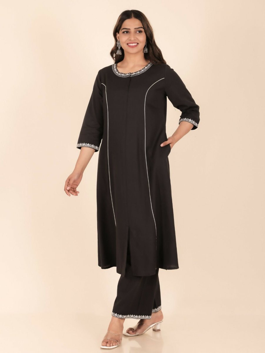 Aramya A-line Linen Cotton Solid Women's Kurta - Black