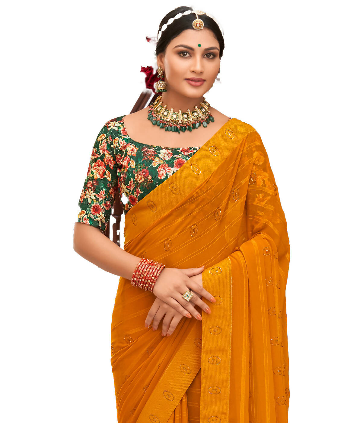Mustard Georgette Swaroski Work Saree With Unstitched Blouse Piece - Juhi