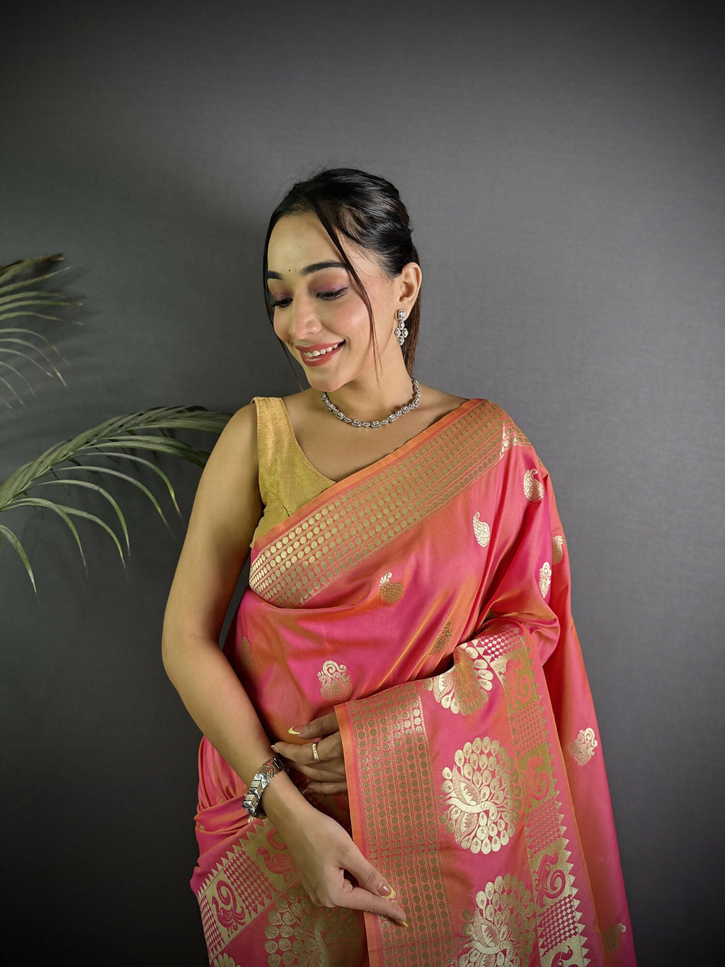 Joban Fashion Light Pink Banarasi Soft Lichi Silk Paisley Saree