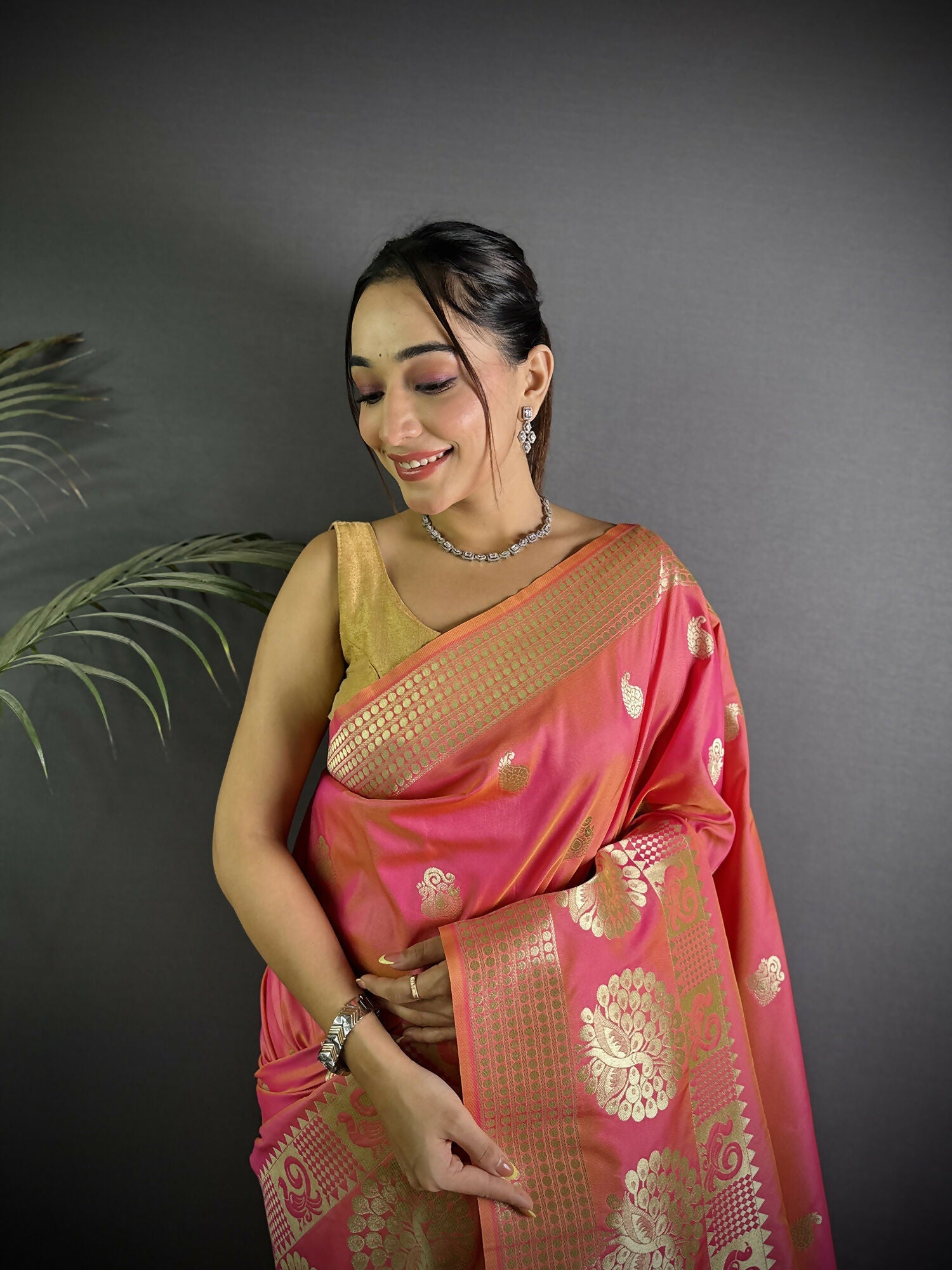 Joban Fashion Light Pink Banarasi Soft Lichi Silk Paisley Saree