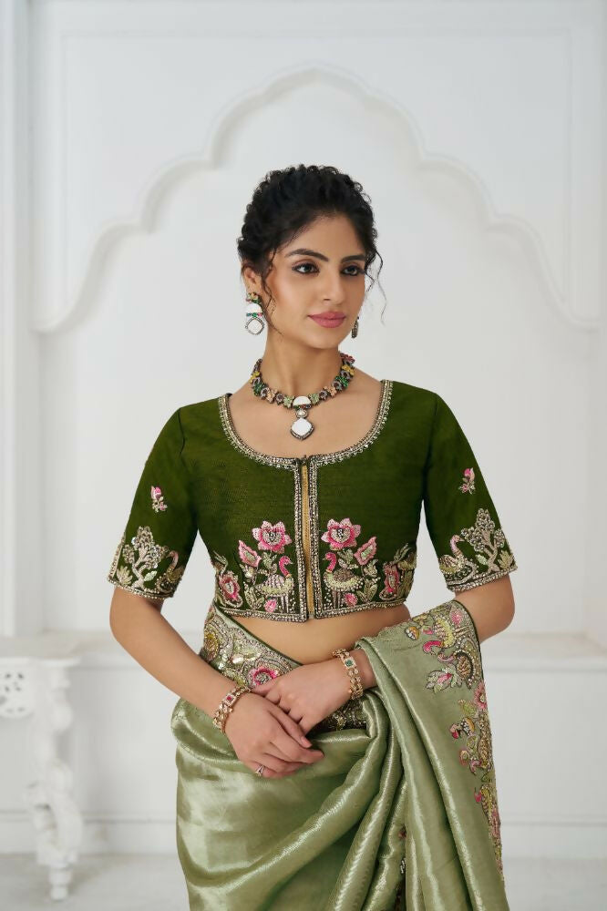 Kesar Fab Mehendi Color With Multi-Thread And Sequins Embroidery For Wedding Saree