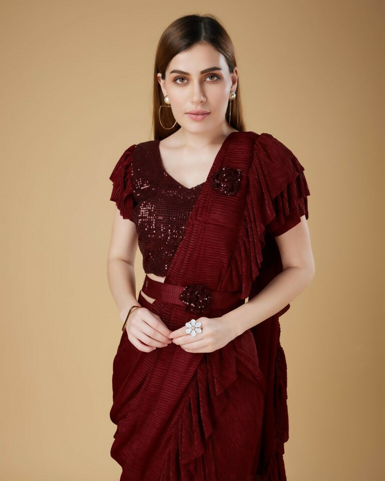 Maroon Imported Crush Solid Ready to Wear Saree with stitched Blouse - Aayan