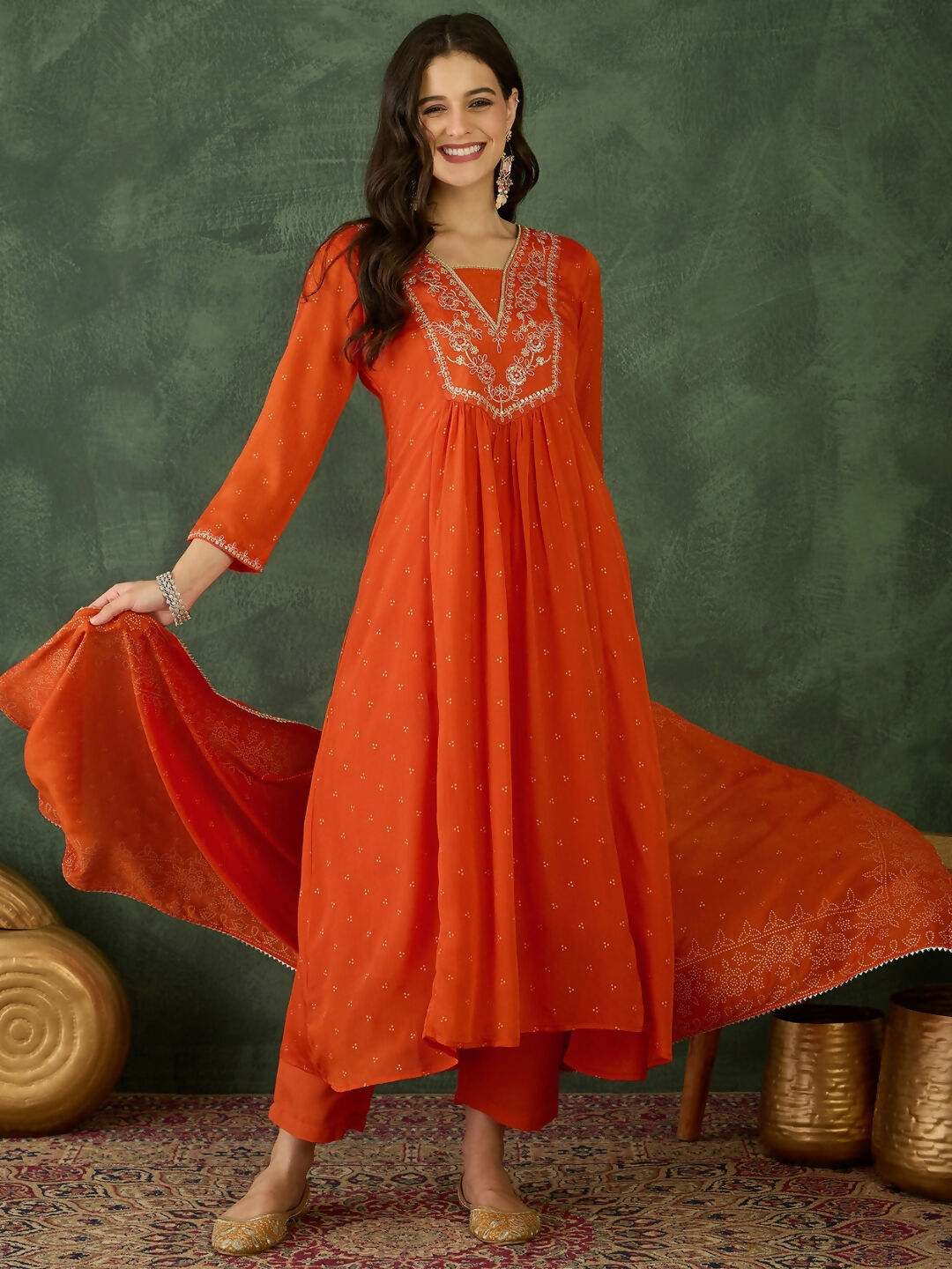 The52 Orange Women's Gorgeous Embroidered Chinon Fabric Flared Kurta Pant and Dupatta Set