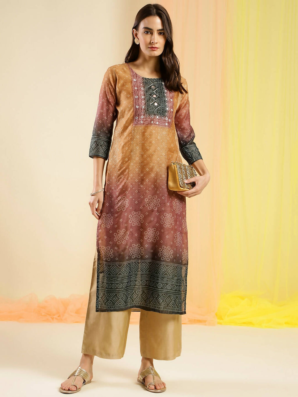 Orange Chinon Digital Printed With Hand Work Kurta - Himanshi