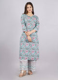 Vamika Printed Cotton Sky Blue Party Wear/Casual Wear Kurta Set/Suit