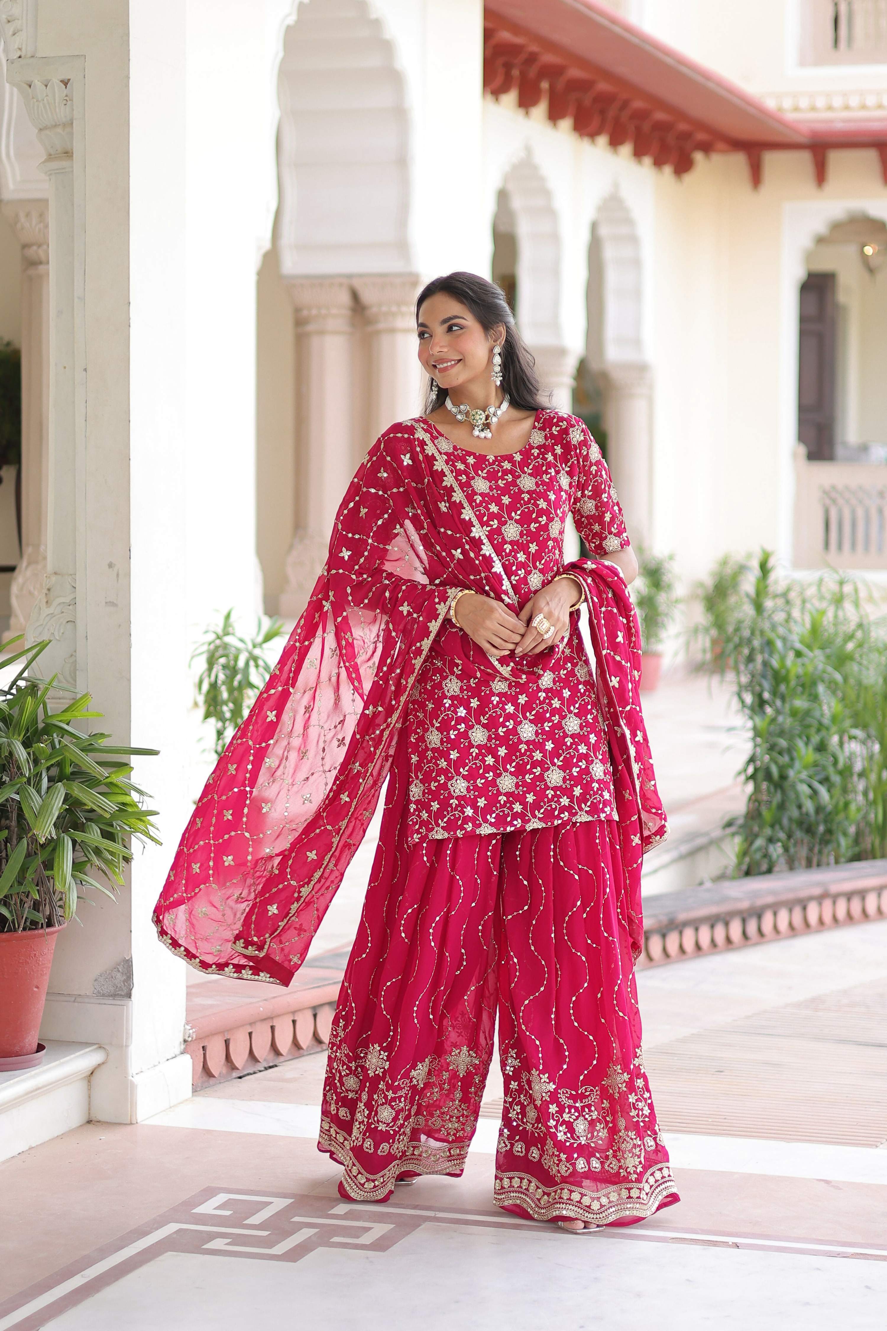Joban Fashion Pink Readymade Kurta Set With Sequence embroidery Work