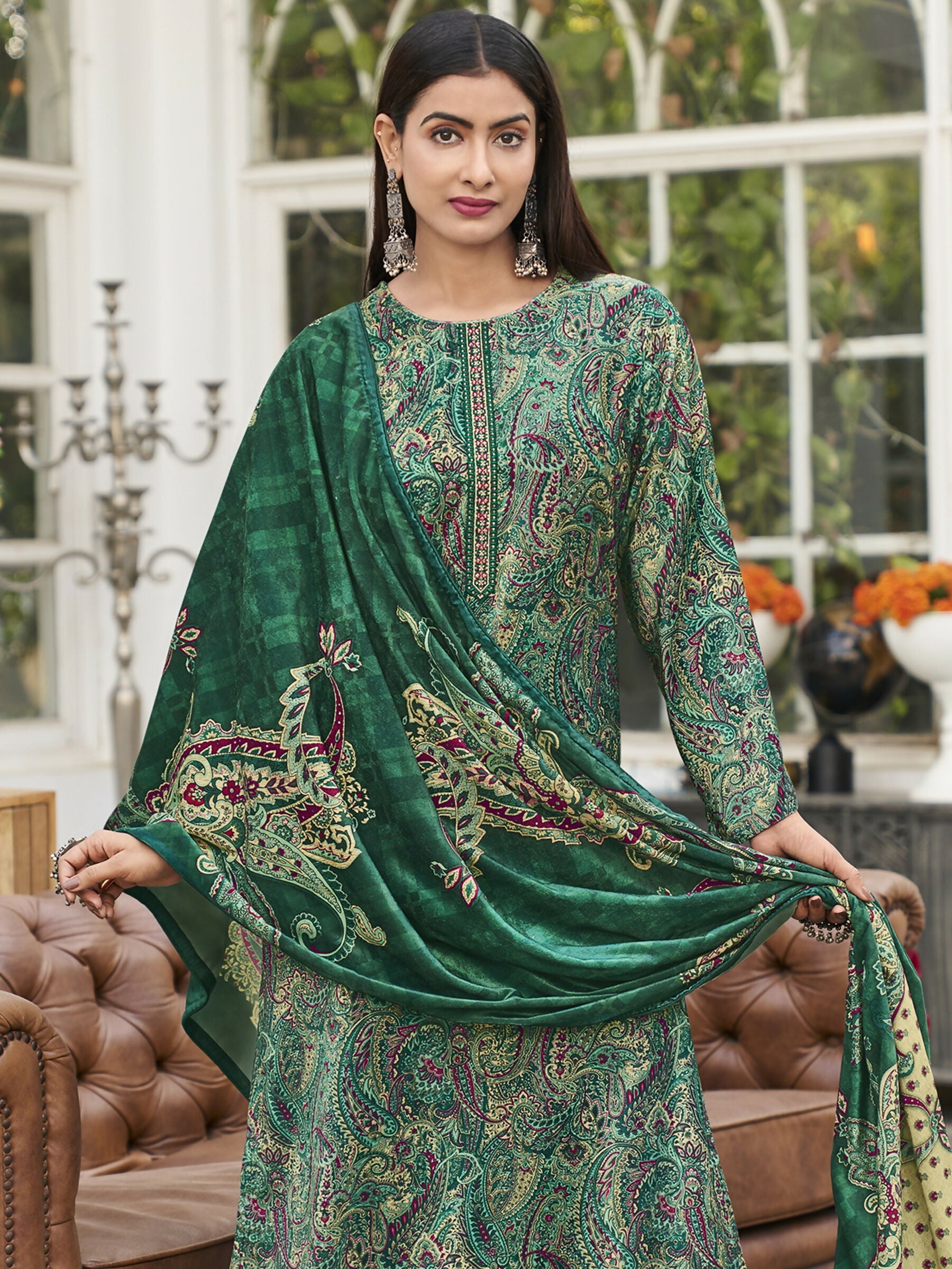 Jyoti Fashion Women's Green Velvet Digital Print with Resham Thread work Kurta with Trouser & Dupatta