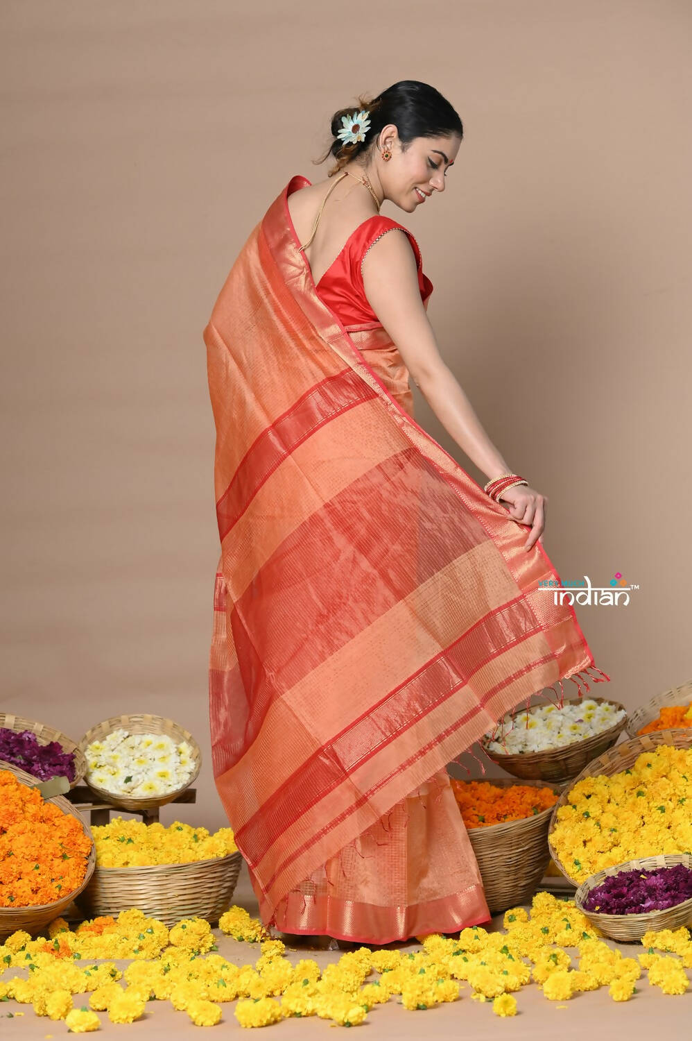 Very Much Indian Rajsi - Handloom Ari Checks Cotton Silk Saree With Golden Border - Orange