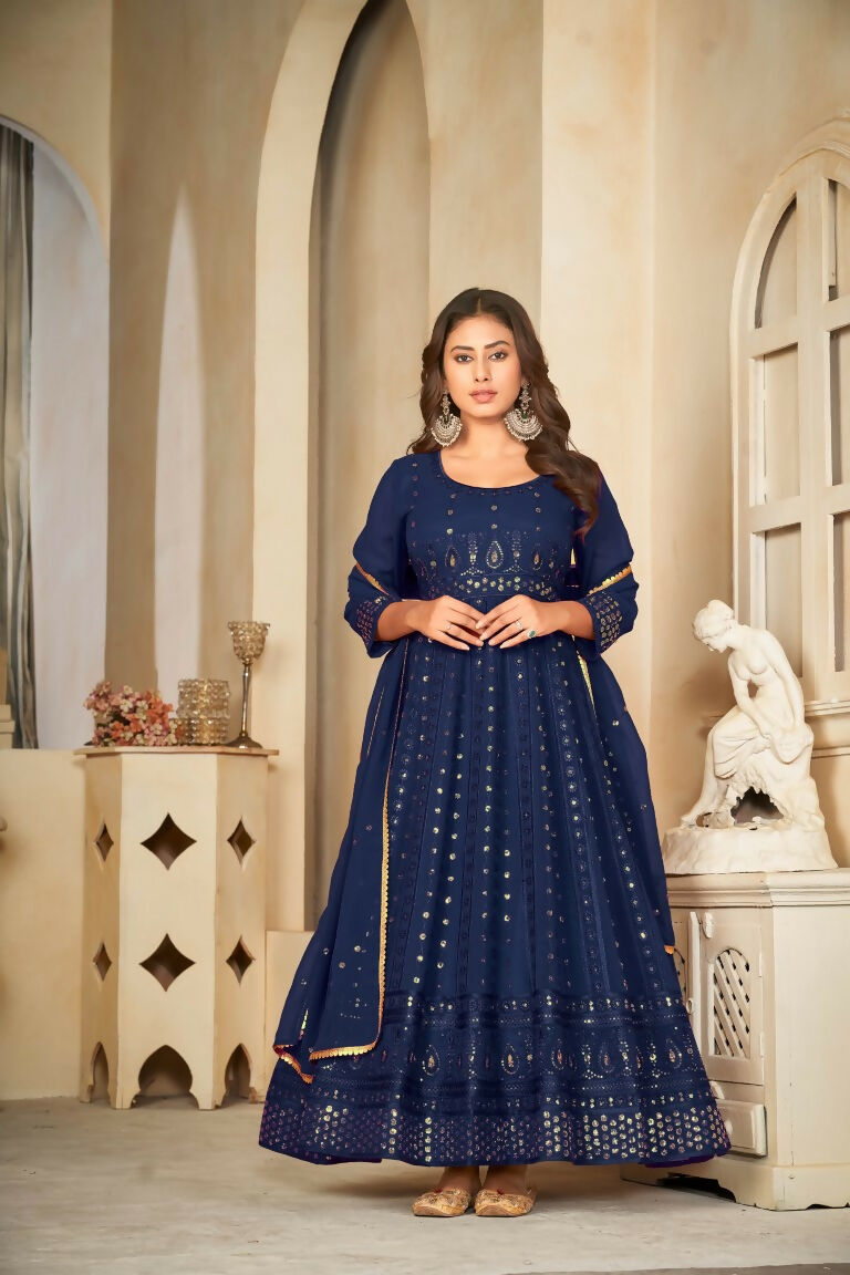 Jyoti Fashion Women's Blue Georgette Embroidered Anarkali Kurta Pant Set With Dupatta