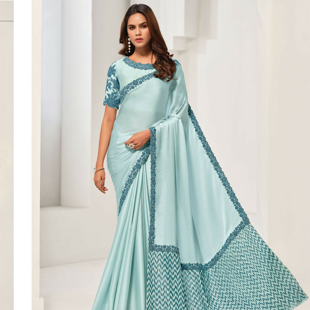Light Blue Crepe Satin Silk Sequence Work Saree With Unstitched Blouse - Norita Saanjh