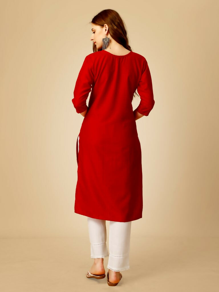 Jyoti Fashion Women's Red Cotton Blend Embroidered Kurta Pant Set