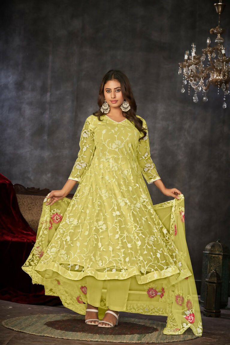 Jyoti Fashion Women's Yellow Net Embroidered Anarkali Kurta Pant Set With Dupatta