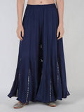 Mominos Fashion Navy Blue Viscose Rayon Flared Palazzo with Mirror Lace Work