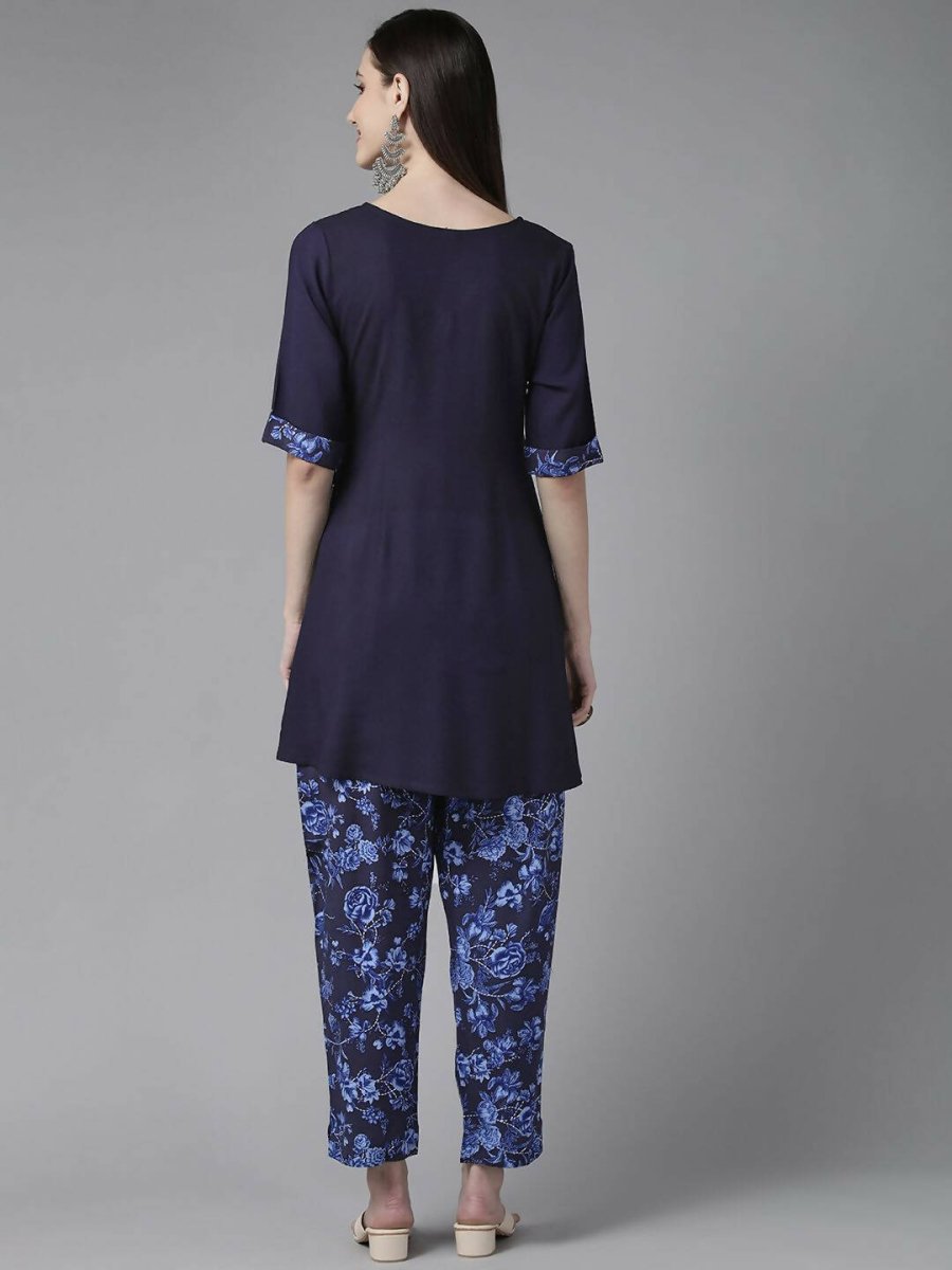 Ahalyaa Women Navy Blue Rayon Wax Printed Angrakha Gotta Patti Tunic With Trousers