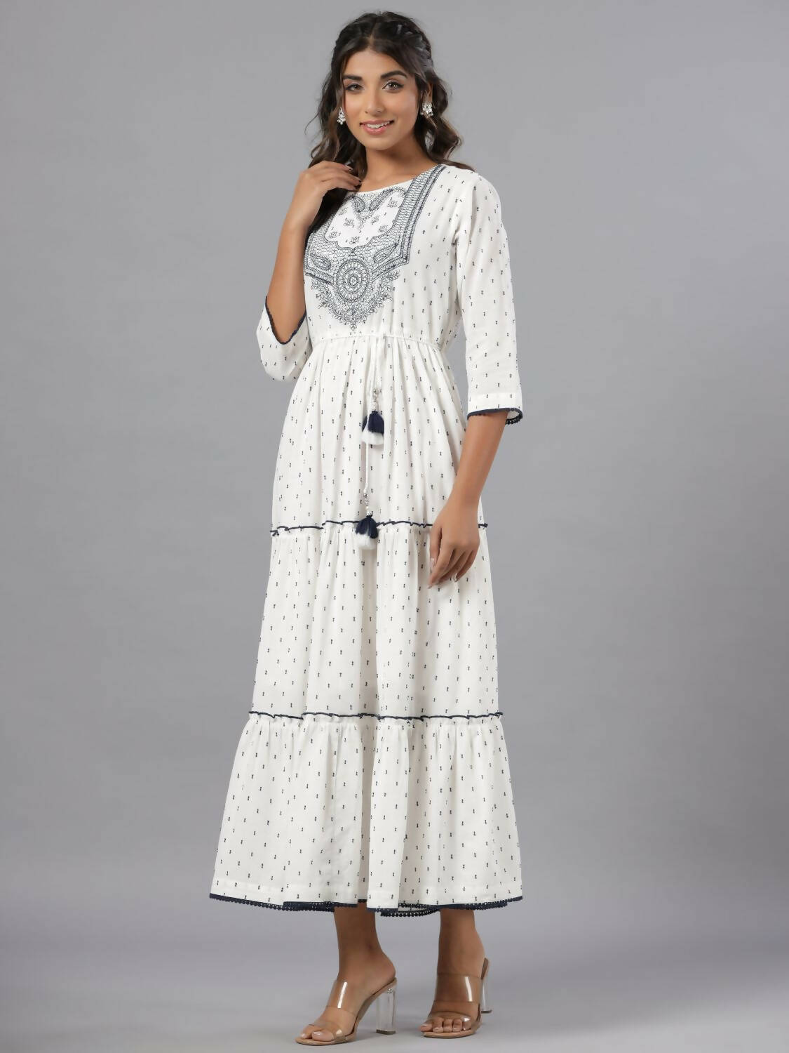 Juniper Women Off-White Cotton Dobby Embroidered Tiered Maxi Dress