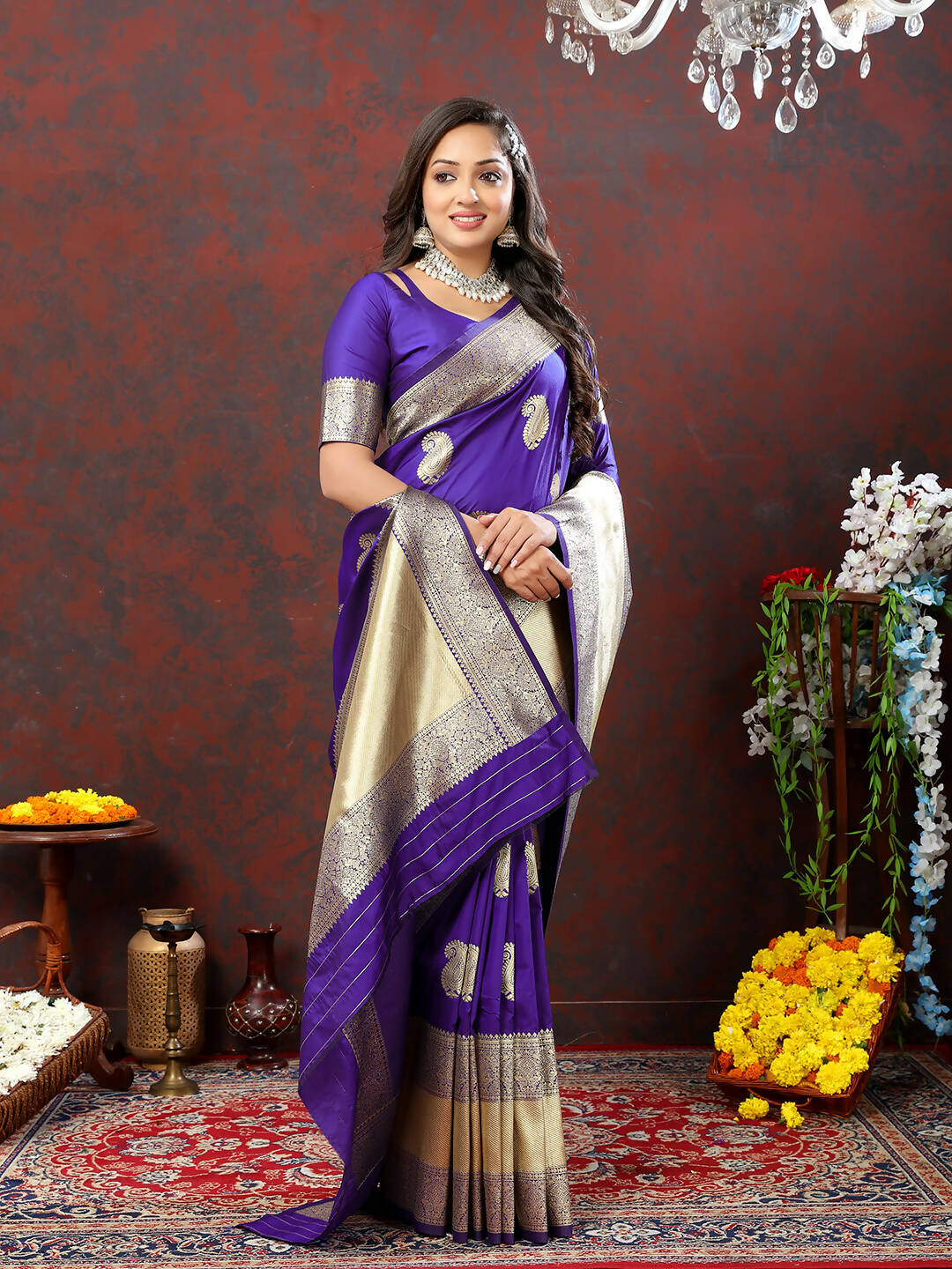 Lorenvalley Fashion Purple Soft Silk Woven Design Gold Zari Weaving Saree