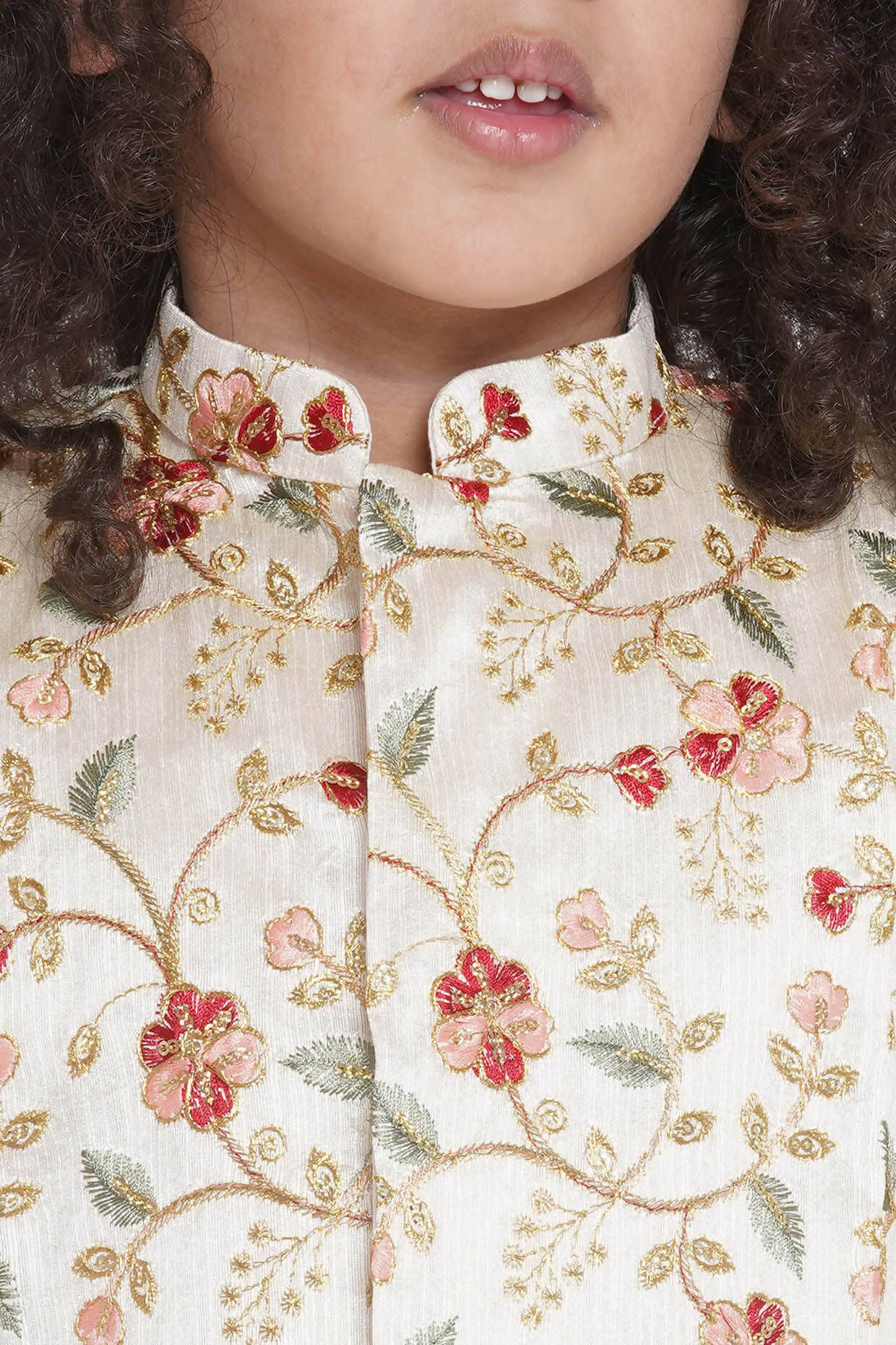 Little Bansi Banarsi Floral Embroidery Jacket Wth Cotton Kantha kurta And Kantha Dhoti - Cream