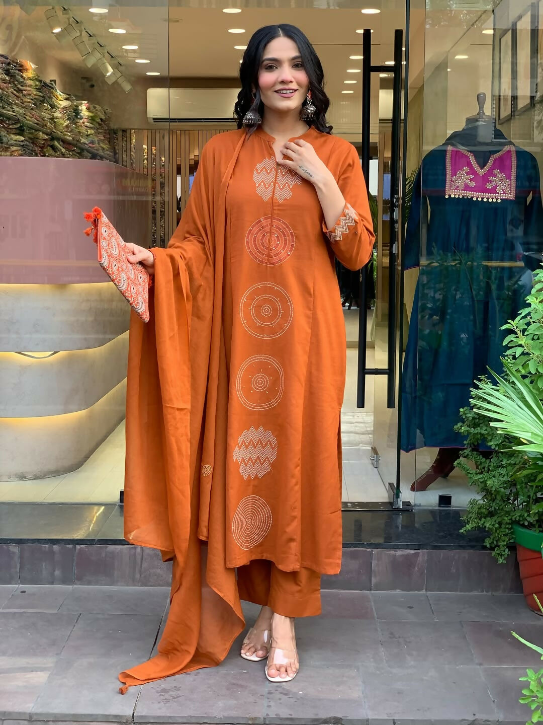 The52 Orange Women's Gorgeous Chanderi Fabric Embroidered Work Straight Kurta Pant and Dupatta Set