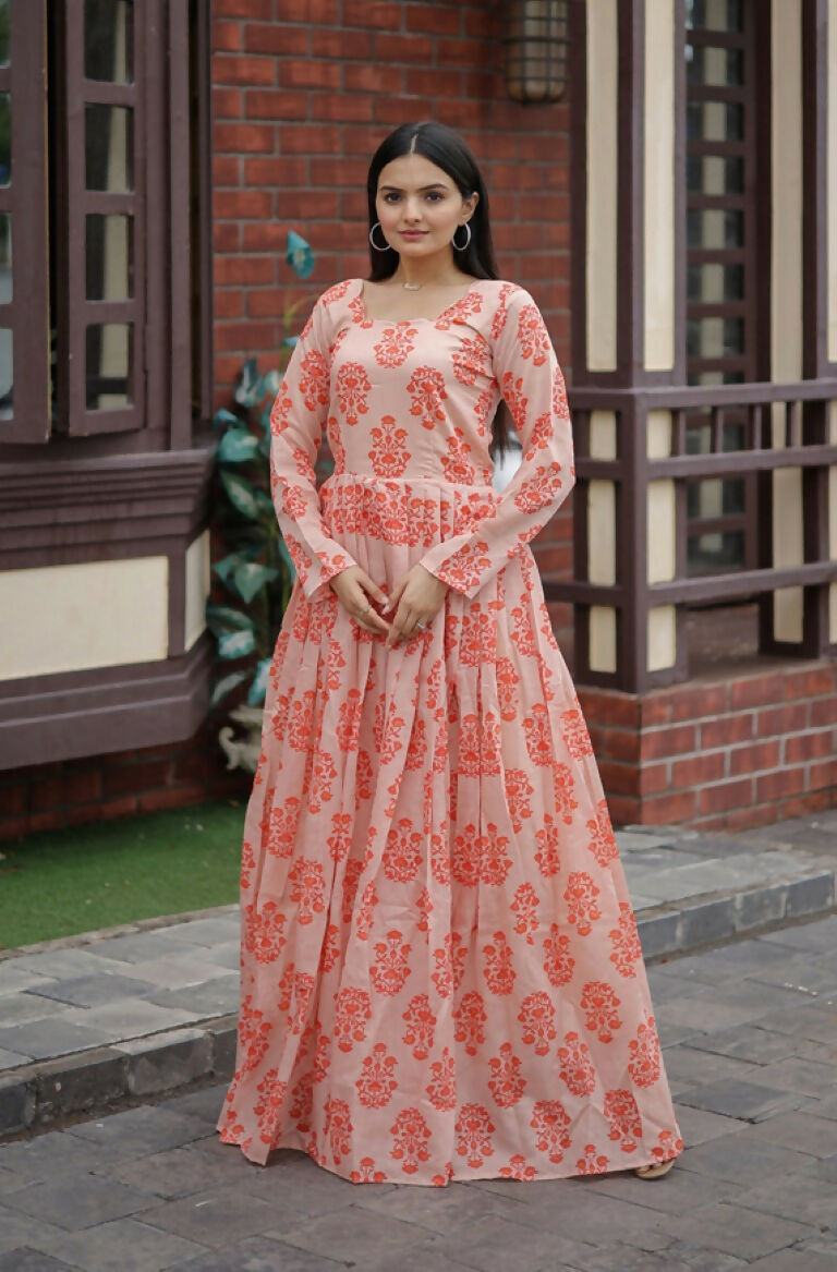 Jyoti Fashion Women's Peach Heavy Digital Printed Pure Chanderi Anarkali Dress