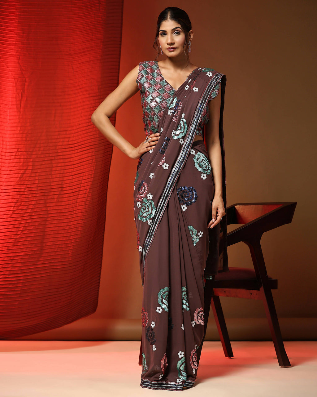 Brown Pure Georgette Sequence work Ready to wear Saree with stitched Blouse - Nirvana