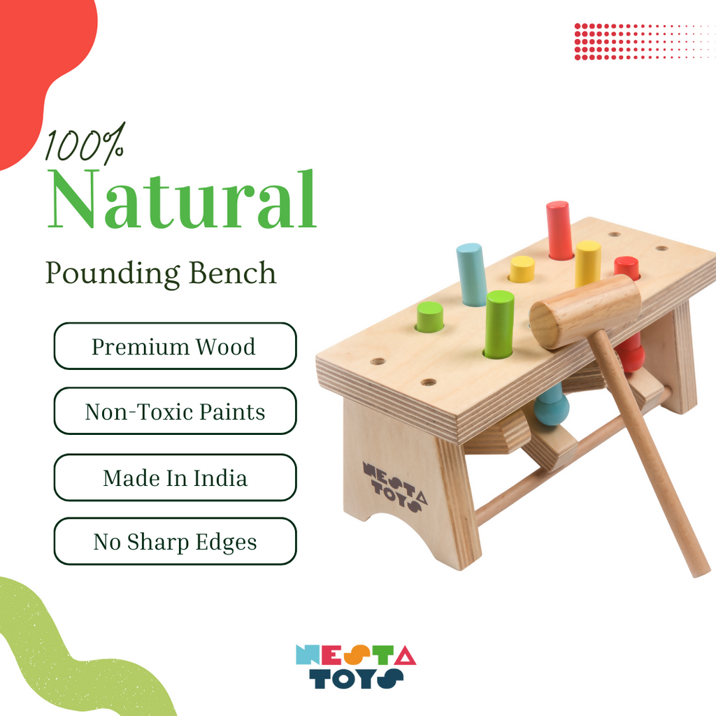 Nesta Toys Wooden Pounding Bench Toy with Hammer, Montessori Toy for Babies & Toddlers (1+ Years), STEAM Toddler Toy
