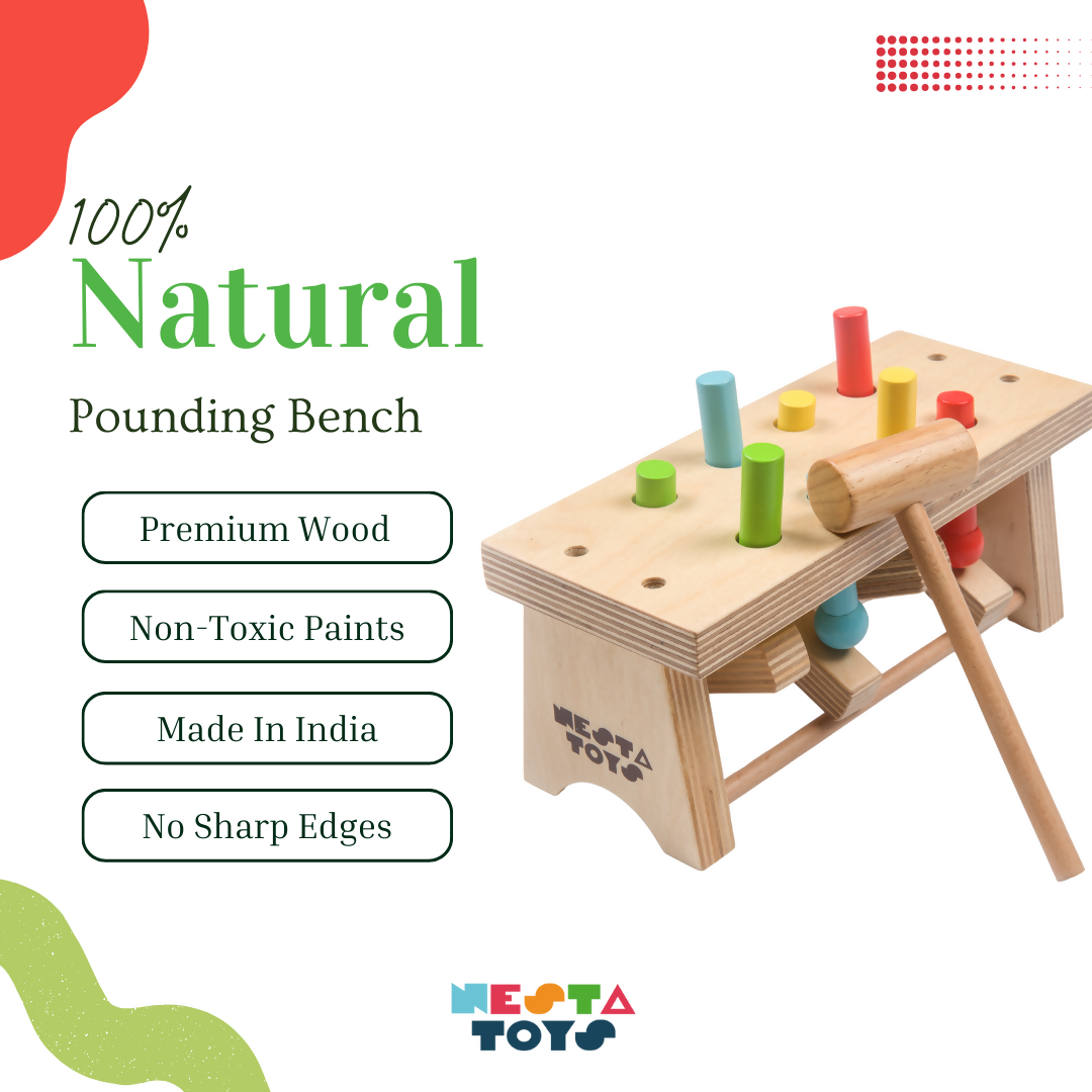 Nesta Toys Wooden Pounding Bench Toy with Hammer, Montessori Toy for Babies & Toddlers (1+ Years), STEAM Toddler Toy