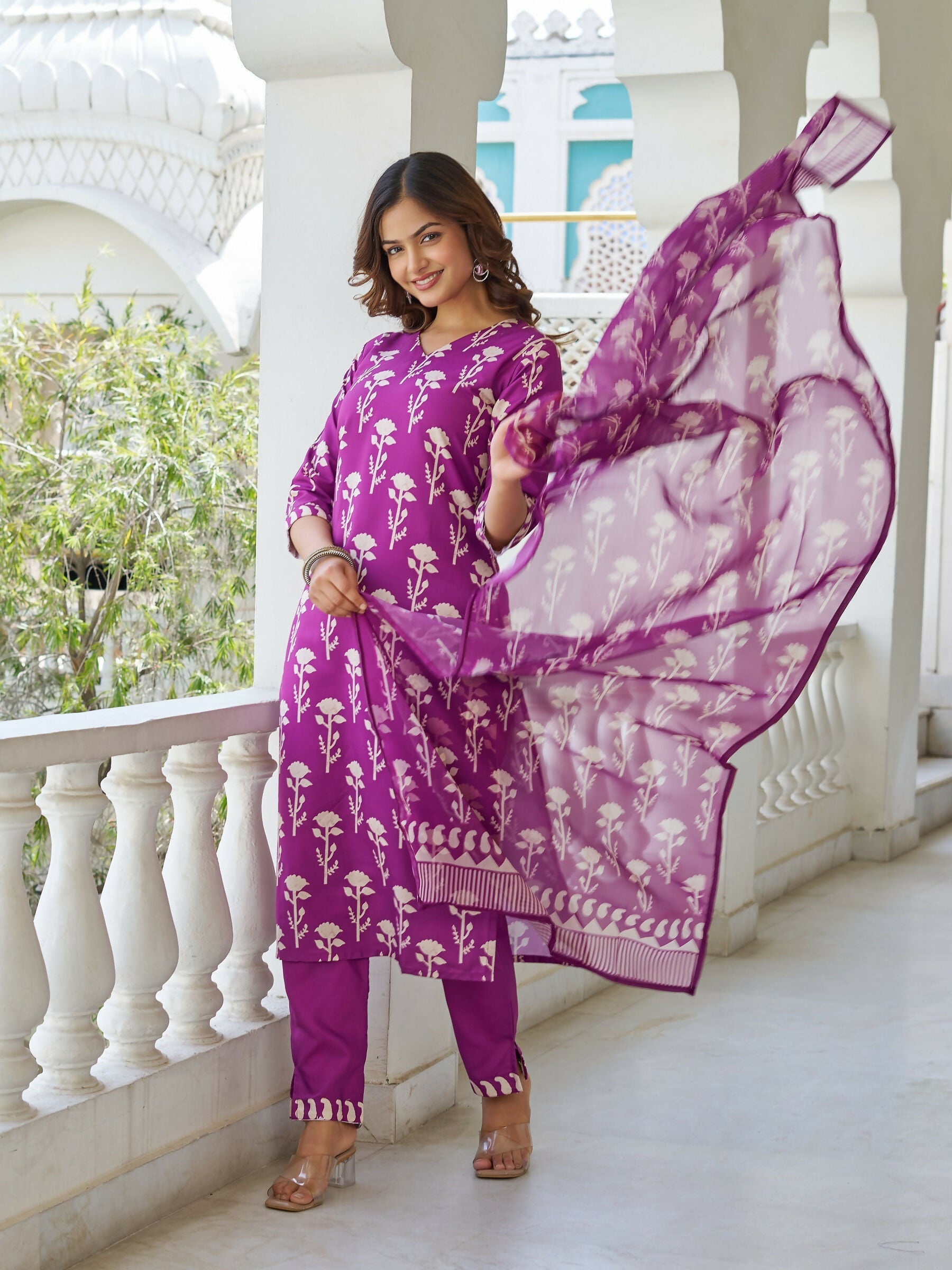 The52 Wine Women's Beautiful Cotton Blend Fabric Printed Work Straight Kurta, Pant and Dupatta Set