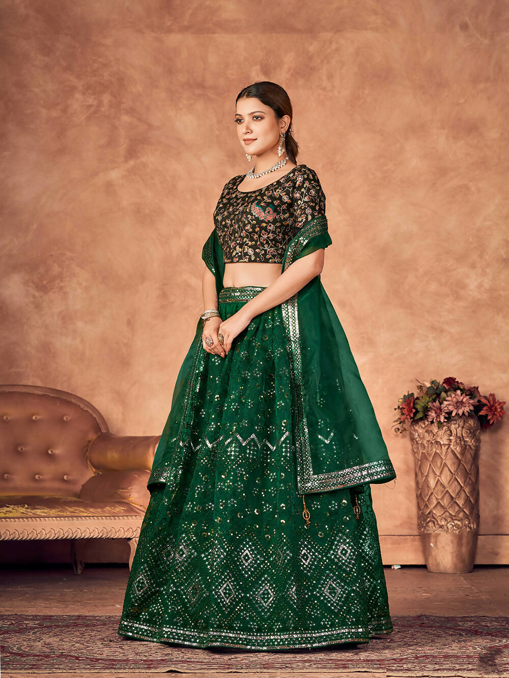 Wedding Designer Green Organzalehengha Choli - Anbazaar