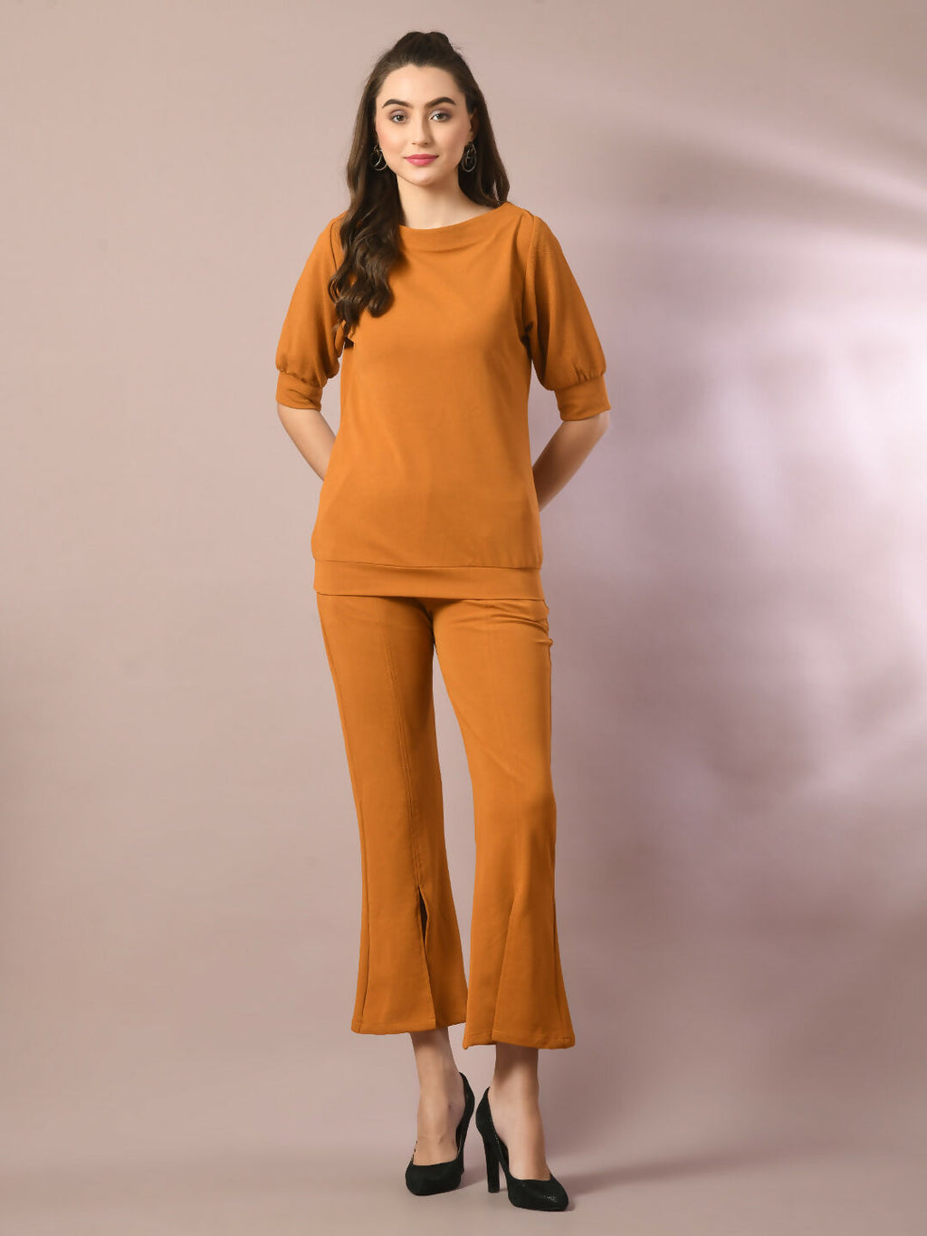 Myshka Women's Mustard Solid Boat Neck Party Top With Trousers Co-ord set