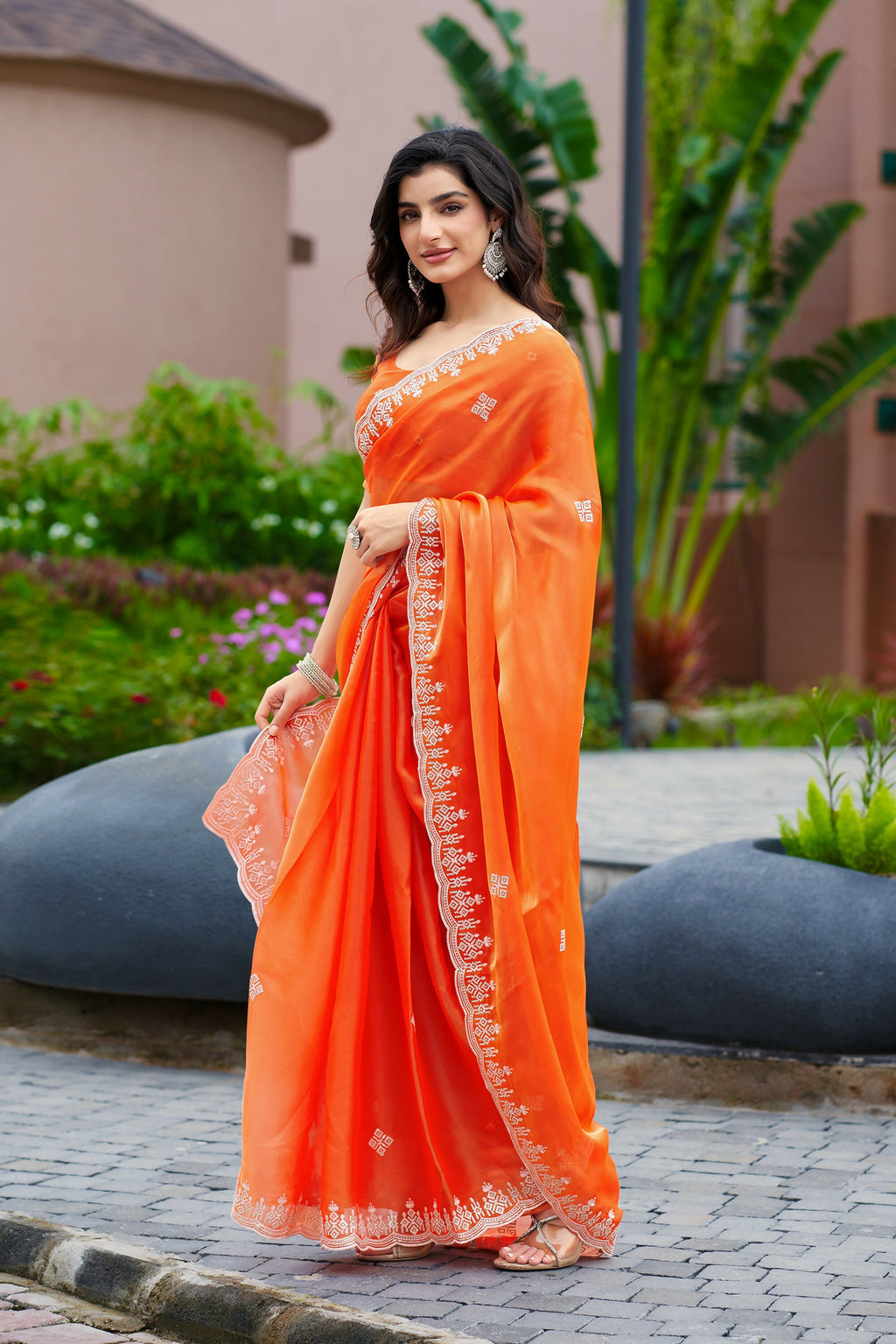 Vastranavya Orange Embroidery Work Shimmer Chiffon Saree with Unstitched Blouse